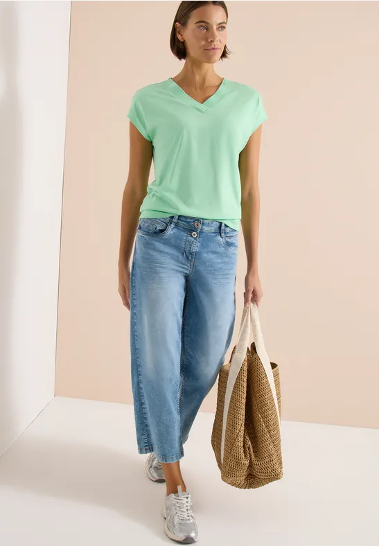 Cecil Damen Kurzarm Shirt mit V-Neck in Unifarbe in Grün, Gr: L