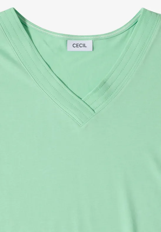 Cecil Damen Kurzarm Shirt mit V-Neck in Unifarbe in Grün, Gr: L