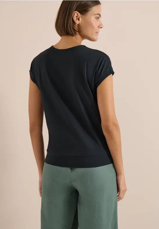 Cecil Damen Kurzarm Shirt mit V-Neck in Unifarbe in Grün, Gr: L