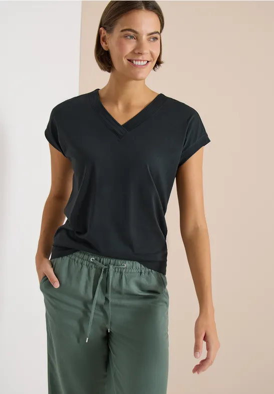 Cecil Damen Kurzarm Shirt mit V-Neck in Unifarbe in Grün, Gr: L