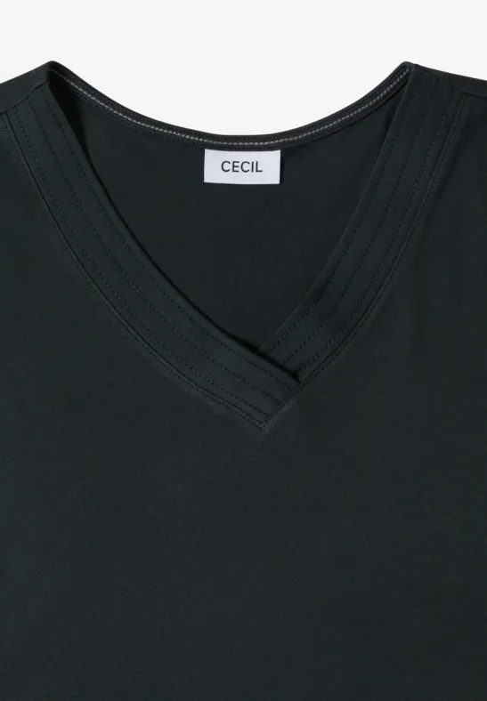 Cecil Damen Kurzarm Shirt mit V-Neck in Unifarbe in Grün, Gr: L