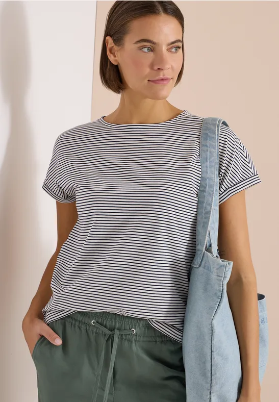 Cecil Damen Kurzarm Shirt mit Boatneck und Knöpfen in Blau, Gr: 3XL