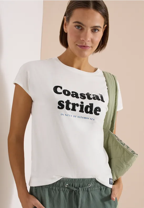 Cecil Damen T-Shirt mit Boatneck und Wording Print in Weiß, Gr: L