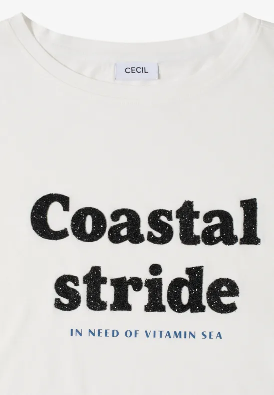 Cecil Damen T-Shirt mit Boatneck und Wording Print in Weiß, Gr: L
