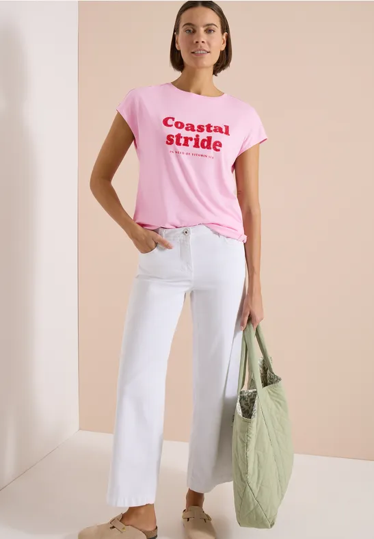 Cecil Damen T-Shirt mit Boatneck und Wording Print in Rosa, Gr: L