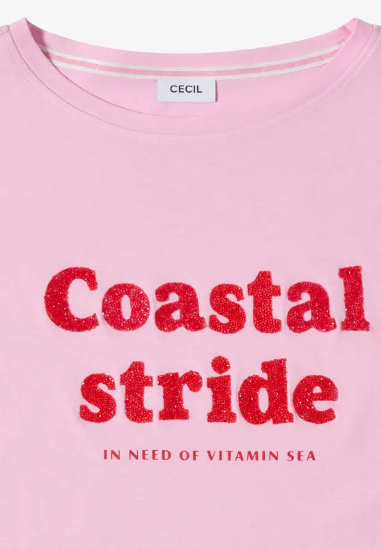 Cecil Damen T-Shirt mit Boatneck und Wording Print in Rosa, Gr: L