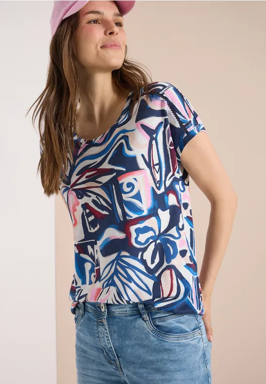 Cecil Damen Kurzarm Shirt mit Spitzendetail in Blau, Gr: L