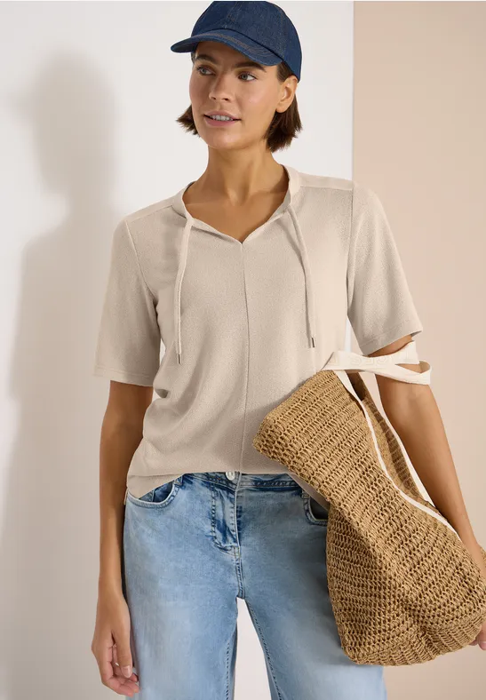 Cecil Damen Kurzarm Bluse mit Split Neck und Bändern in Beige, Gr: L