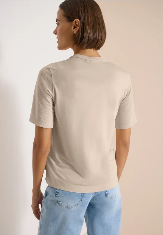 Cecil Damen Kurzarm Bluse mit Split Neck und Bändern in Beige, Gr: L