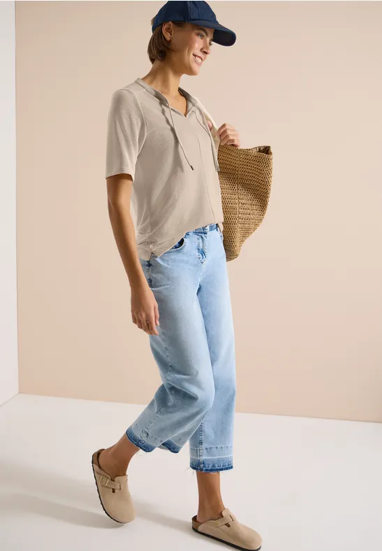 Cecil Damen Kurzarm Bluse mit Split Neck und Bändern in Beige, Gr: L