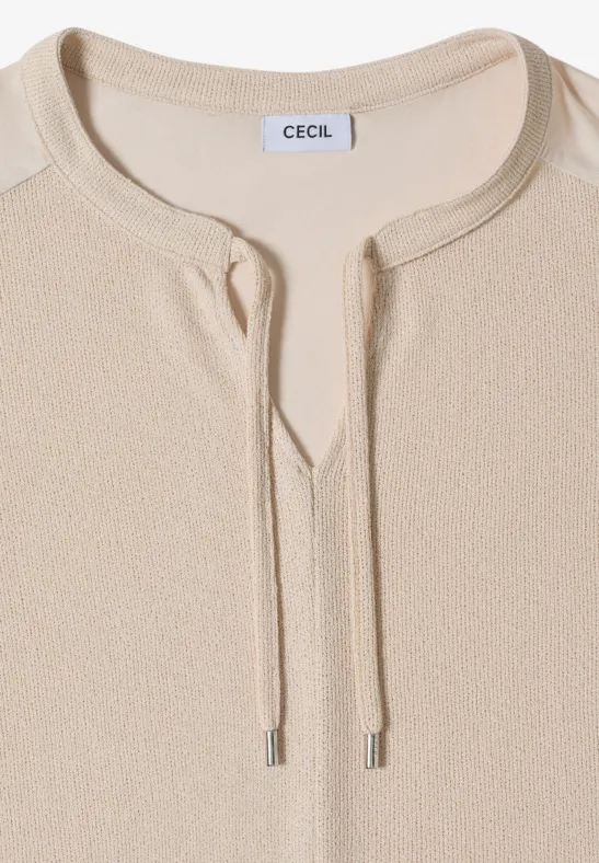 Cecil Damen Kurzarm Bluse mit Split Neck und Bändern in Beige, Gr: L