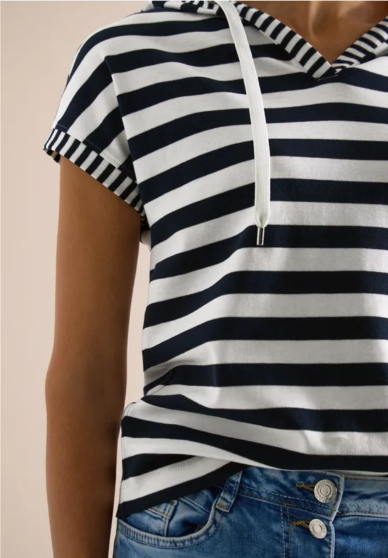 Cecil Damen Kurzarm Shirt mit Kapuze und Streifen in Blau, Gr: L