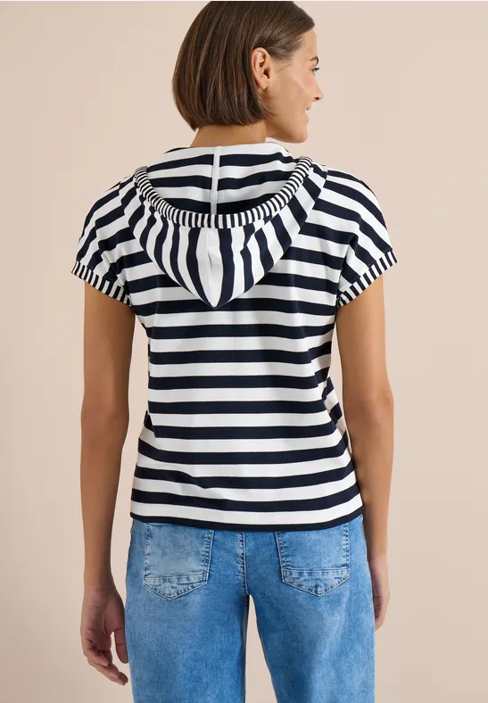 Cecil Damen Kurzarm Shirt mit Kapuze und Streifen in Blau, Gr: L