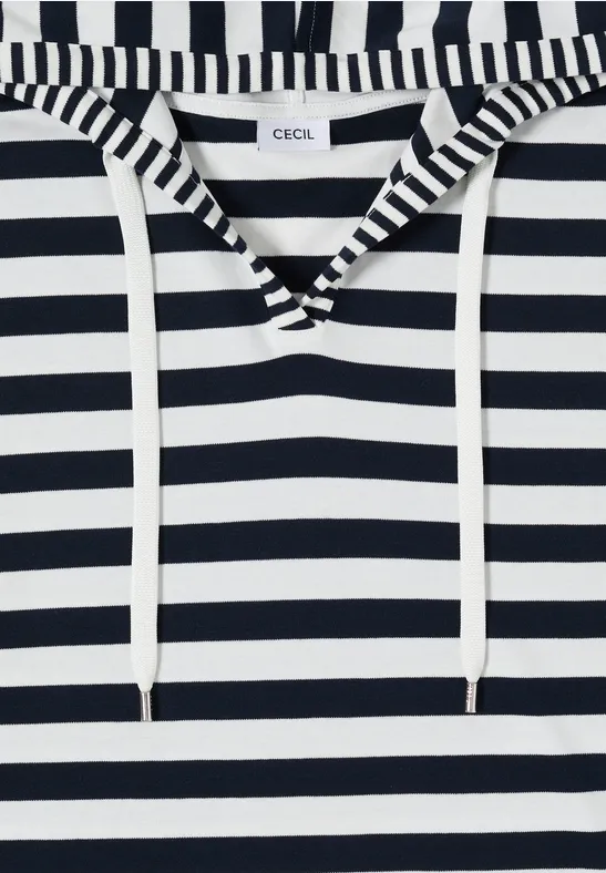 Cecil Damen Kurzarm Shirt mit Kapuze und Streifen in Blau, Gr: L