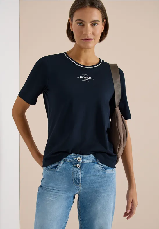 Cecil Damen T-Shirt mit Rippdetails in Blau, Gr: M