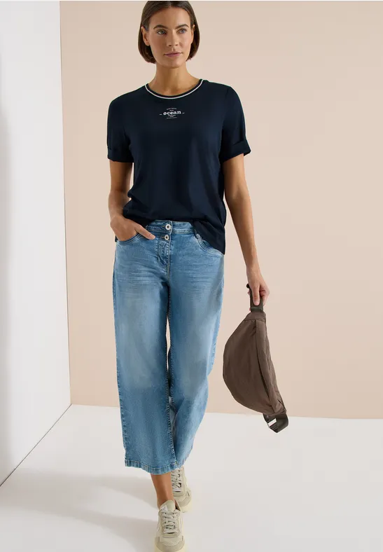Cecil Damen T-Shirt mit Rippdetails in Blau, Gr: M