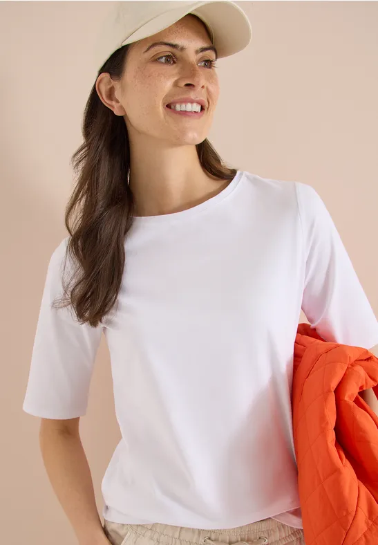 Cecil Damen Basic T-Shirt mit U-Boot-Ausschnitt in Weiß, Gr: 3XL