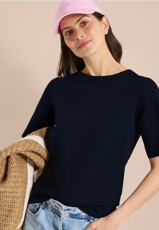 Cecil Damen Basic T-Shirt mit U-Boot-Ausschnitt in Blau, Gr: 3XL