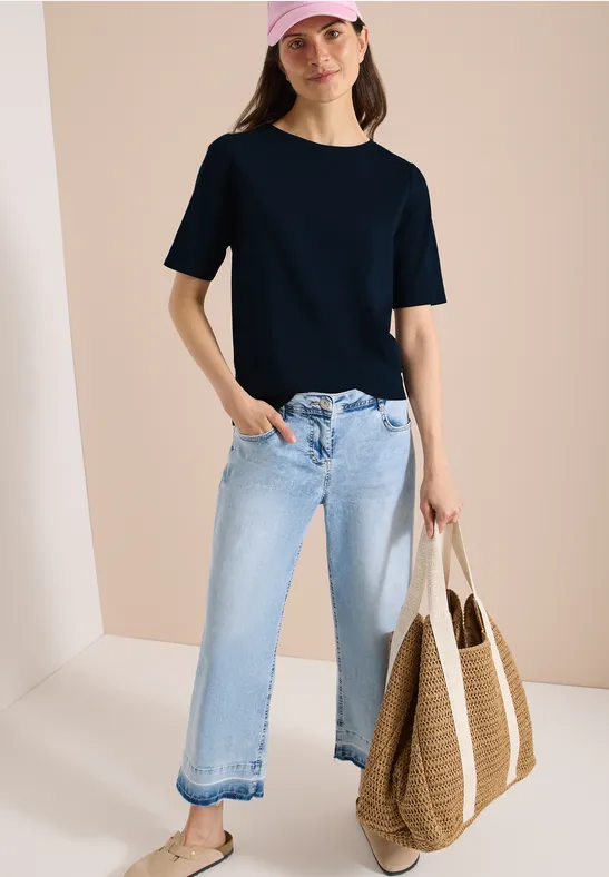 Cecil Damen Basic T-Shirt mit U-Boot-Ausschnitt in Blau, Gr: 3XL
