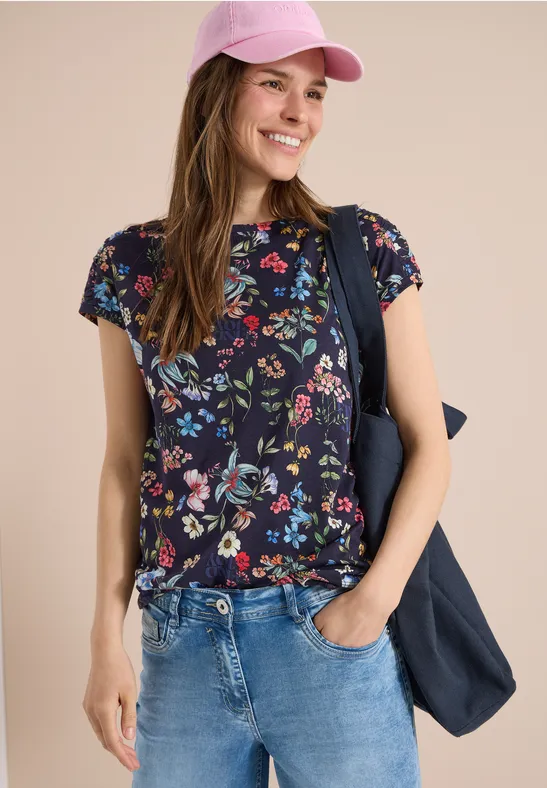 Cecil Damen Kurzarm Shirt mit Boatneck und Raffung in Blau, Gr: L