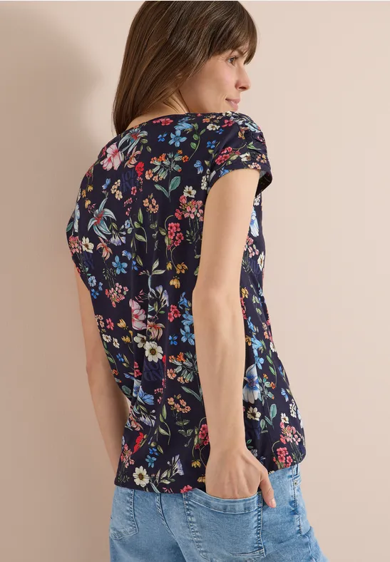 Cecil Damen Kurzarm Shirt mit Boatneck und Raffung in Blau, Gr: L