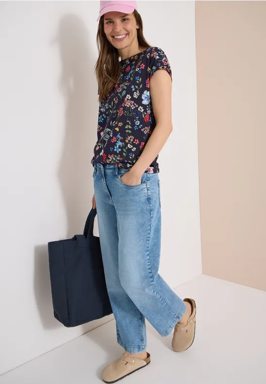 Cecil Damen Kurzarm Shirt mit Boatneck und Raffung in Blau, Gr: L