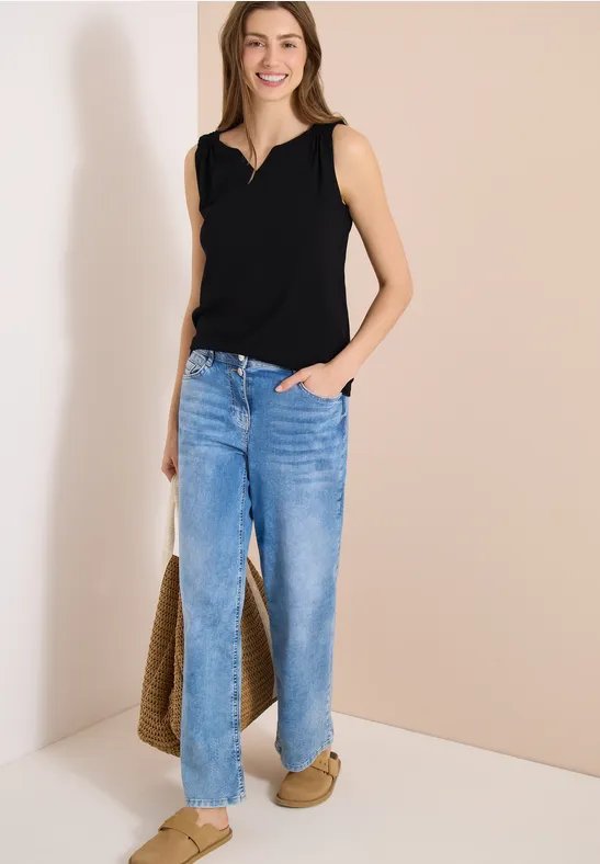 Cecil Damen Top mit Split Neck in Unifarbe in Schwarz, Gr: 3XL