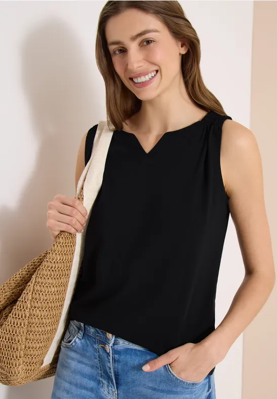 Cecil Damen Top mit Split Neck in Unifarbe in Schwarz, Gr: 3XL