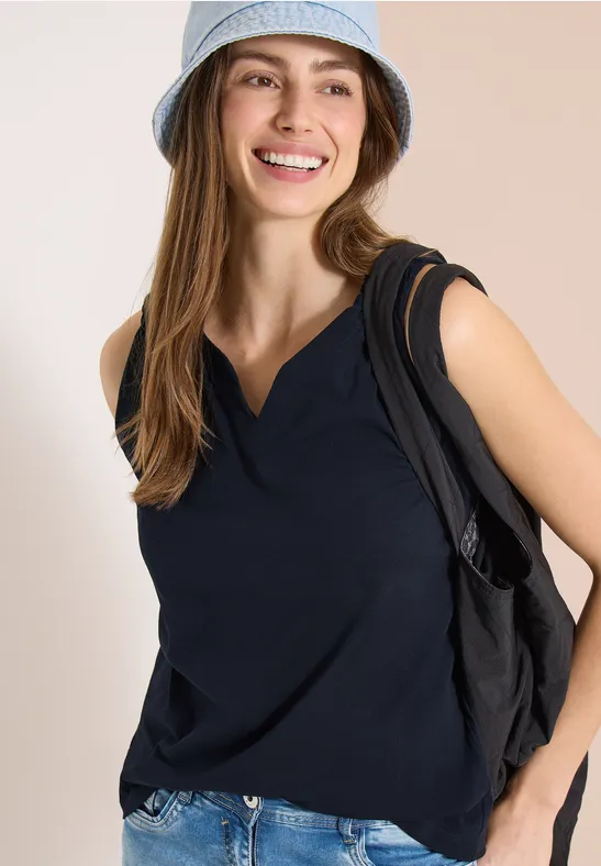 Cecil Damen Top mit Split Neck in Unifarbe in Blau, Gr: 3XL