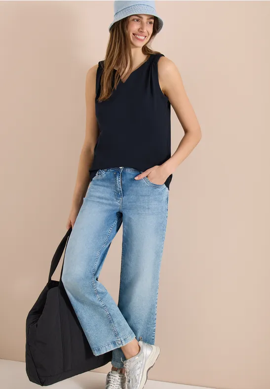 Cecil Damen Top mit Split Neck in Unifarbe in Blau, Gr: 3XL