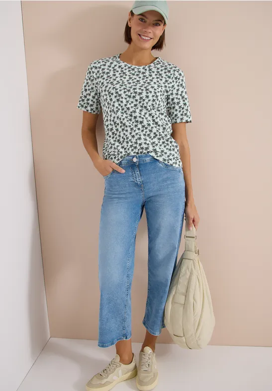 Cecil Damen T-Shirt mit Rundhals und Palmenprint in Weiß, Gr: 3XL
