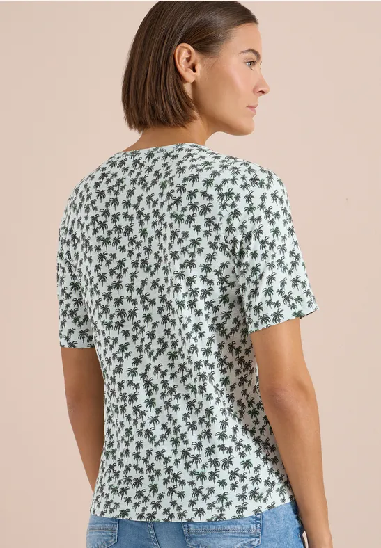 Cecil Damen T-Shirt mit Rundhals und Palmenprint in Weiß, Gr: 3XL