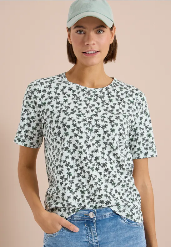 Cecil Damen T-Shirt mit Rundhals und Palmenprint in Weiß, Gr: 3XL