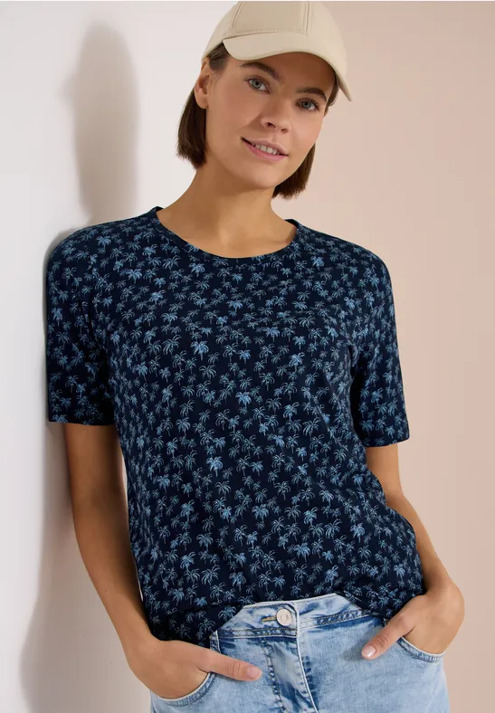 Cecil Damen T-Shirt mit Rundhals und Palmenprint in Blau, Gr: 3XL