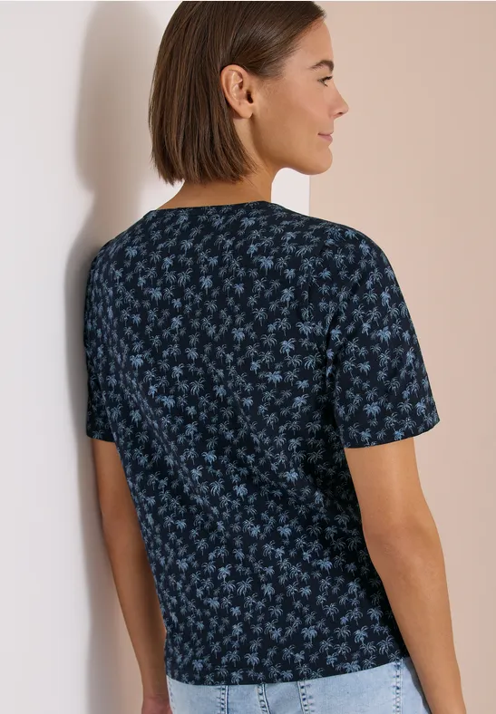 Cecil Damen T-Shirt mit Rundhals und Palmenprint in Blau, Gr: 3XL