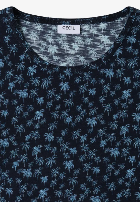 Cecil Damen T-Shirt mit Rundhals und Palmenprint in Blau, Gr: 3XL