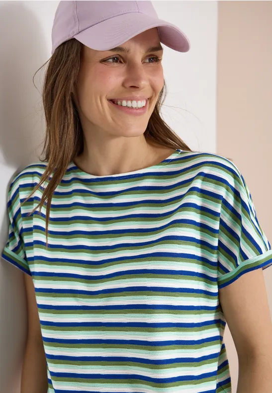 Cecil Damen Kurzarm Shirt mit Struktur und Streifen in Blau, Gr: 3XL
