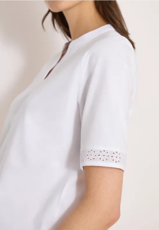 Cecil Damen T-Shirt mit Split Neck und Crochet-Tape in Weiß, Gr: 3XL
