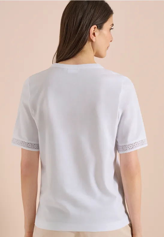 Cecil Damen T-Shirt mit Split Neck und Crochet-Tape in Weiß, Gr: 3XL