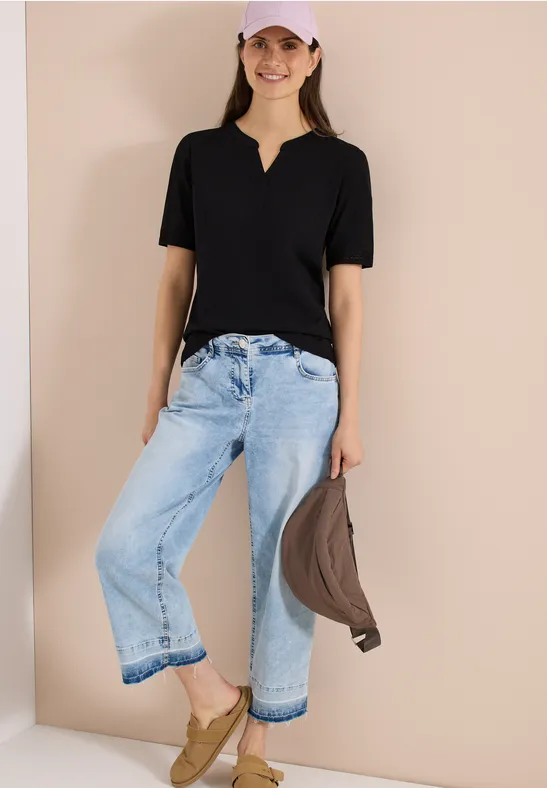 Cecil Damen T-Shirt mit Split Neck und Crochet-Tape in Schwarz, Gr: 3XL