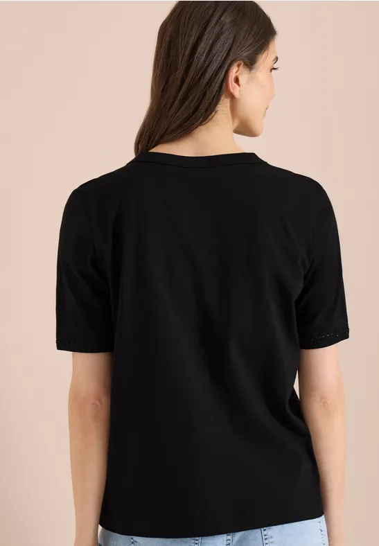 Cecil Damen T-Shirt mit Split Neck und Crochet-Tape in Schwarz, Gr: 3XL