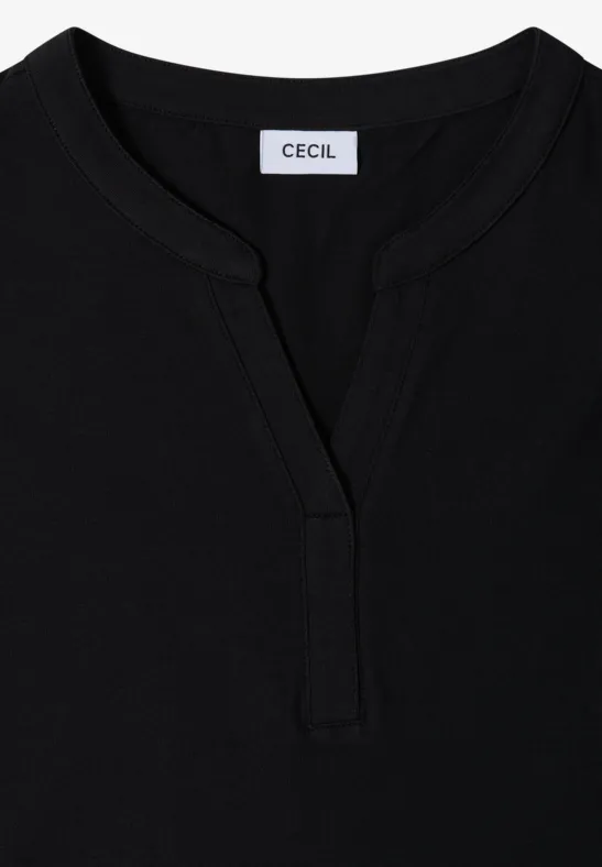 Cecil Damen T-Shirt mit Split Neck und Crochet-Tape in Schwarz, Gr: 3XL