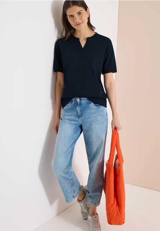 Cecil Damen T-Shirt mit Split Neck und Crochet-Tape in Blau, Gr: 3XL