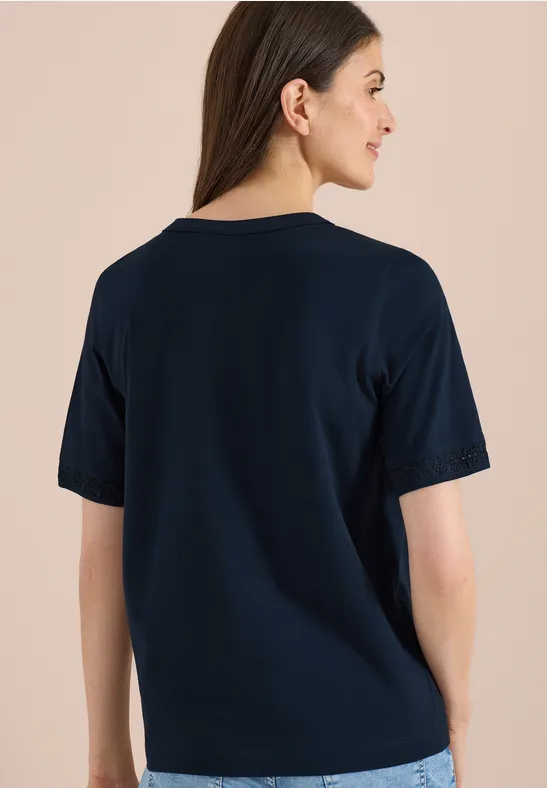 Cecil Damen T-Shirt mit Split Neck und Crochet-Tape in Blau, Gr: 3XL
