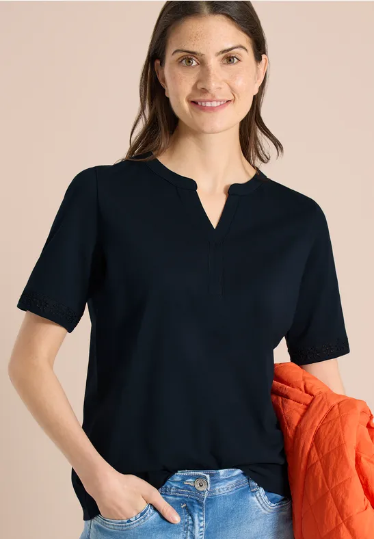 Cecil Damen T-Shirt mit Split Neck und Crochet-Tape in Blau, Gr: 3XL