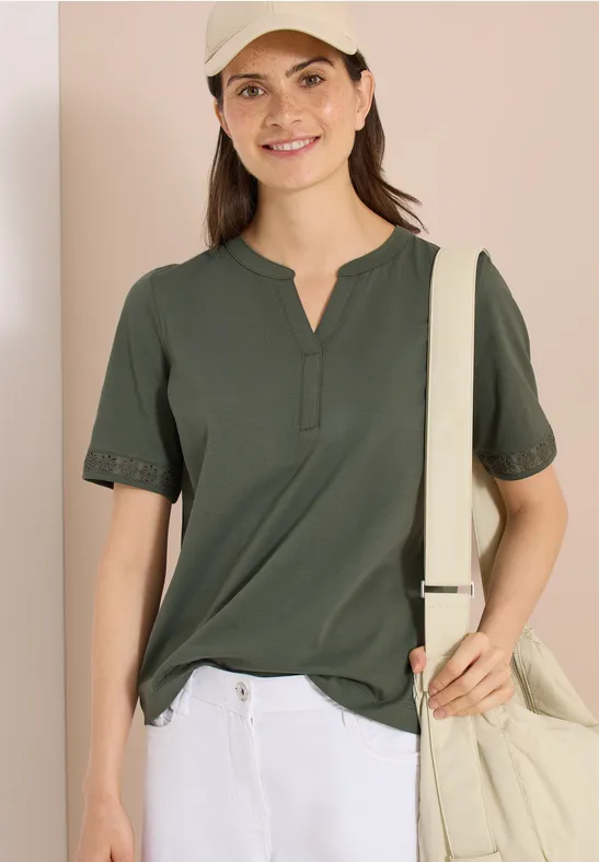 Cecil Damen T-Shirt mit Split Neck und Crochet-Tape in Grün, Gr: 3XL
