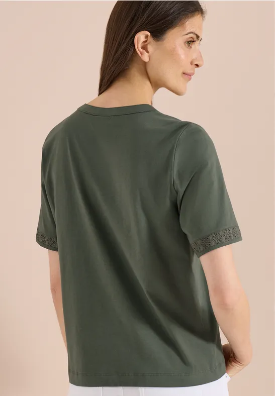 Cecil Damen T-Shirt mit Split Neck und Crochet-Tape in Grün, Gr: 3XL