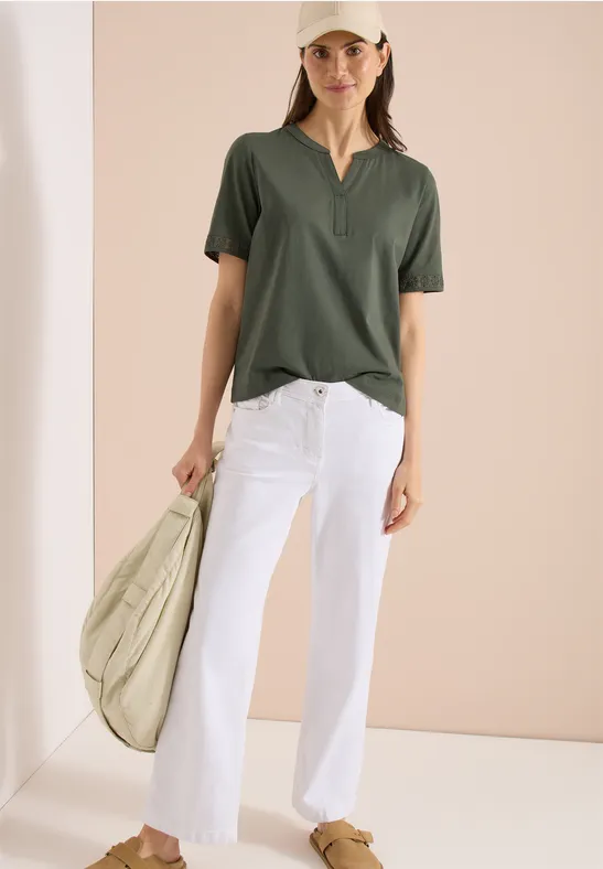 Cecil Damen T-Shirt mit Split Neck und Crochet-Tape in Grün, Gr: 3XL
