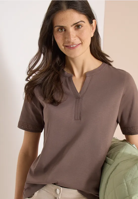 Cecil Damen T-Shirt mit Split Neck und Crochet-Tape in Beige, Gr: 3XL