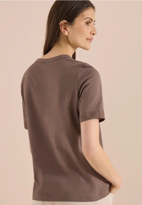 Cecil Damen T-Shirt mit Split Neck und Crochet-Tape in Beige, Gr: 3XL